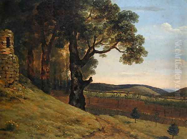 Welsh landscape with oak trees by a ruin - view 1