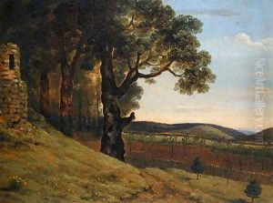 Welsh landscape with oak trees by a ruin by Thomas Jones