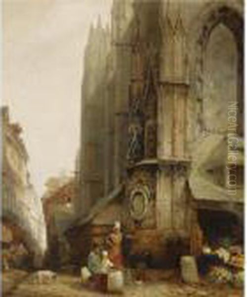 A Market Scene In Front Of A Gothic Cathedral - view 1