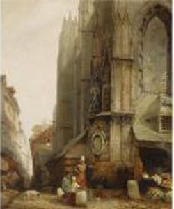 A Market Scene In Front Of A Gothic Cathedral by Jacques Carabain