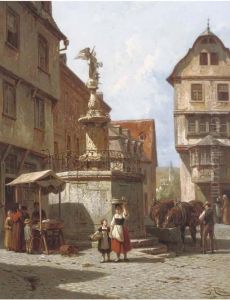 Une Fontaine A Bern-castel, Bords De La Moselle: A Town Square In Switzerland by Jacques Carabain