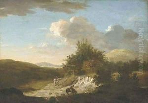 A wooded river landscape with figures by a ford
