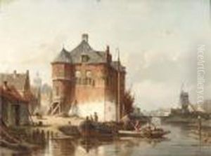 A View Of A Town With Figures Along The Banks Of A Canal by Jacques Carabain