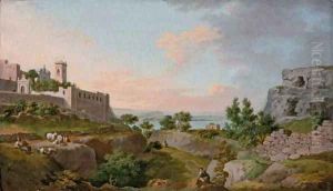 An Italianate landscape with a monastery, herders in the foreground