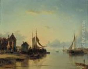 View Of A Small Fishing-port At Dusk by Jacques Carabain