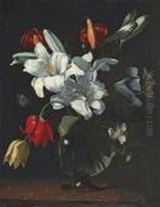 Lilies, Tulips And Other Flowers, In A Glass Vase, On A Ledge by Caravaggio