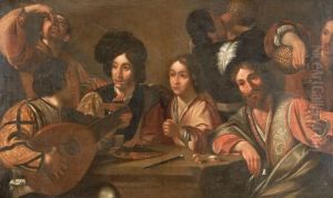 Scena Di Taverna Con Bevitori E Suonatore Di Liuto.