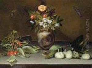 Narcissi And A Carnation In An Urn On A Stone Ledge With Cherries, Figs And Butterflies