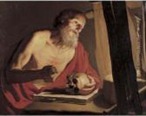 Saint Jerome With A Skull And Crucifix by Caravaggio