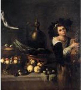 A Kitchen Still Life With A
Servant Boy Holding A Cask Of Wine Beside A Table Laden With Fruit,
Vegetables And Fish by Caravaggio