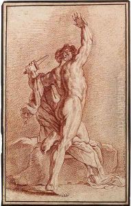 A nude seen from behind, holding a dagger and kneeling on a rock