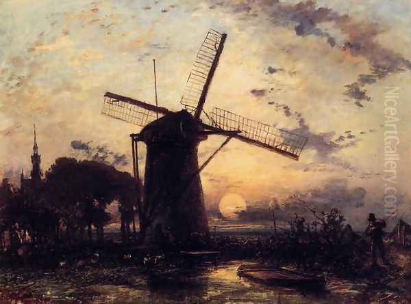 Boatman By A Windmill At Sundown - view 1