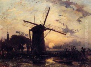 Boatman By A Windmill At Sundown by Johan Barthold Jongkind