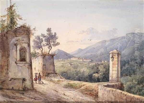 Bergstrase Initalien Mit Ruinen Und Wanderern - view 1