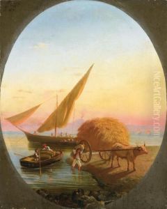 Heuwagen Und Fischerbooteam Strand Von Neapel by Consalvo Carelli