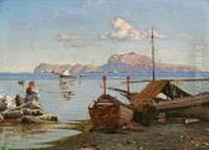 A Fisherman At Posollipo With Ischia In The Background by Consalvo Carelli