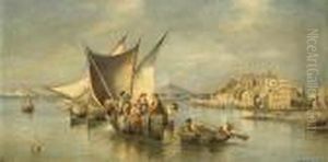Fishermen Near The Coast Of Pozzuoli, The Vesuvius In The Distance