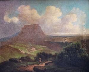Figure On A Rocky Outcrop, With Classical Ruins In A Distant Bay