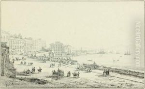 Une Paire De Vues De Naples : La Place Du Palais Royal Et Une Vue De Santa Lucia
 Plume Et Encre Noire, Lavis Gris Sur Traits De Crayon Noir by Consalvo Carelli