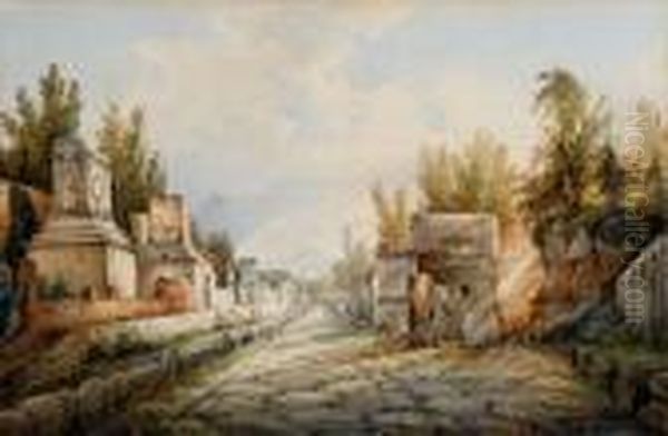 Personnages Sur Un Chemin 
Entoure De Ruines Et De Vegetation ; Et Vue D'une Allee I Pompei - view 1