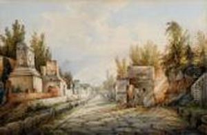 Personnages Sur Un Chemin 
Entoure De Ruines Et De Vegetation ; Et Vue D'une Allee I Pompei
