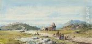 Figures, Sheep And A Camel Before A Middle Eastern Hillsidevillage by Gabriele Carelli