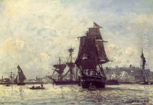 Sailing Ships At Honfleur by Johan Barthold Jongkind