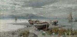 Fishing Boats On The Shore, Capri Beyond by Giuseppe Carelli