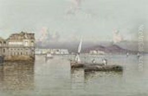 Fishermen In The Bay Of Naples, The Vesuvius In The Distance