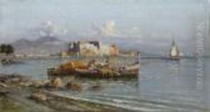 Veduta Del Vesuvio E Del Maschio Angioino Con Pescatori