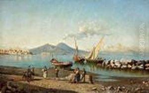 A View Of The Bay Of Naples With Figuresdancing On The Shore by Giuseppe Carelli