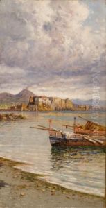 Napoli, Veduta Di Castel Dell""ovo E Del Vesuvio Dallaspiaggia Di Mergellina by Giuseppe Carelli