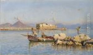 Napoli, Barche E Pescatori A Castel Dell""ovo by Giuseppe Carelli