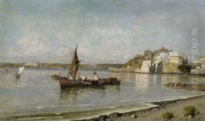 Pozzuoli. Fishermen In Their Boats On The Lake Before The City. by Giuseppe Carelli