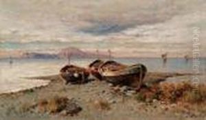 Barche Sulla Spiaggia Sullo Sfondo Di Capri by Giuseppe Carelli