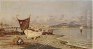Fishing Boats On The Shore By The Bay Of Naples by Giuseppe Carelli