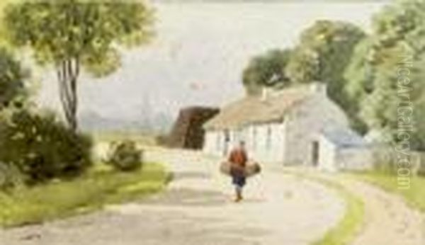 Woman Walking By A Cottage - view 1