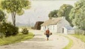 Woman Walking By A Cottage Woman Walking By A Cottage