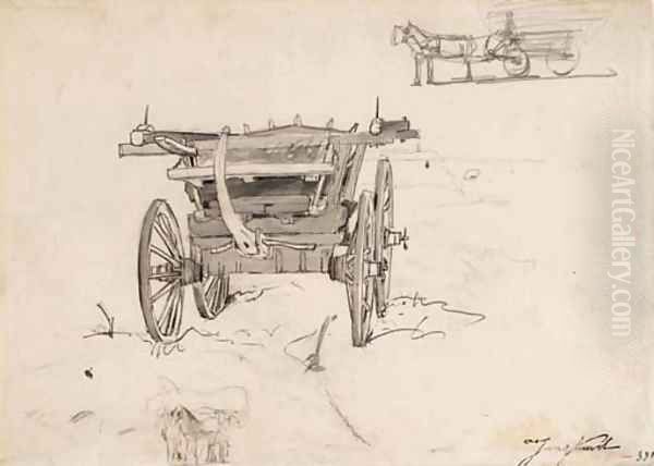 Une carriole et deux etudes subsidiaires de carrioles tirees par des chevaux - view 1