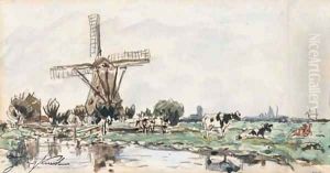 Un moulin en Hollande, des vaches dans un champ au premier plan by Johan Barthold Jongkind