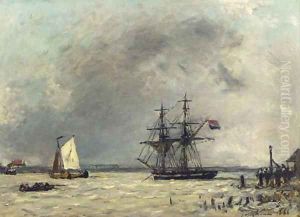 Brick et Barques à l'embouchure d'un fleuve, temps couvert, Antwerpen - De Schelde by Johan Barthold Jongkind