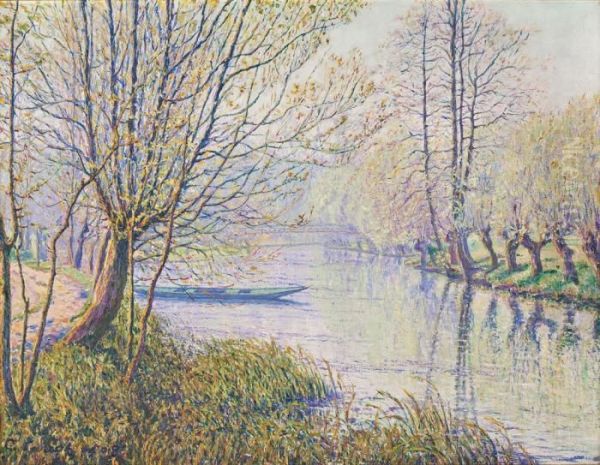 Fluslandschaft Im Fruhling Mit Ruderboot - view 1