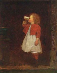 Little Girl with Red Jacket Drinking from Mug by Eastman Johnson