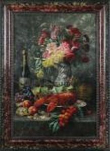 Stilleven Met Kreeft, Fruit, Fles Wijn En Bloemen Op Entablement