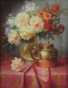 Stilleven Met Rozen In Koperen Vaasop Tafel by Max Carlier