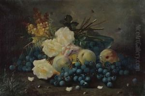 Stilleven Met Druiven, Appelen En Witte Rozen by Max Carlier