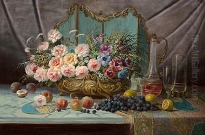 Still Life Of Flowers, Fruit, A Decanter And Glasses