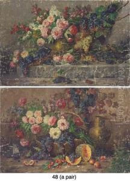 Summer Blooms In Brass And 
Copper Ewers By A Grape Vine; And Summerblooms And Grapes In A Basket By
 Peaches, Cherries, A Pumpkin, Abrass Ewer And A Vine On A Ledge - view 1