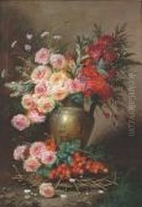 Still Life Of A Jug Filled With
Roses, Chrysanthemums, Paeonies And Cow Parsley, With Cherries In The
Foreground Still Life Of A Jug Filled With
Roses, Chrysanthemums, Paeonies And Cow Parsley, With Cherries In The
Foreground