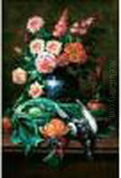 Bouquet De Fleurs, Orange, Grappe De Raisin Sur Un
 Entablement - view 1